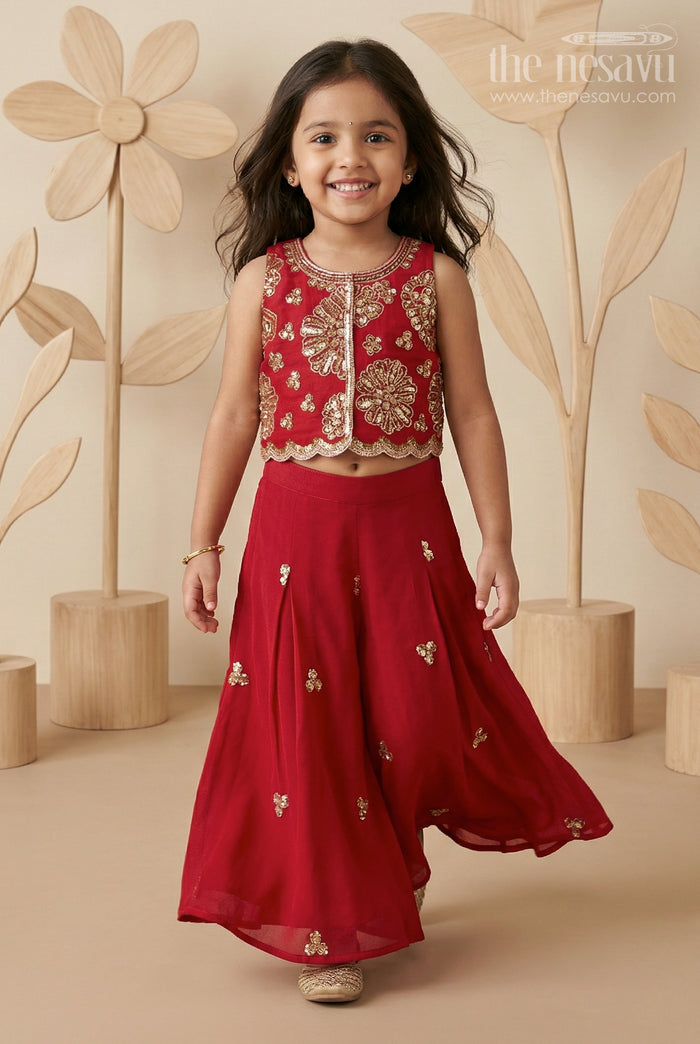 The Nesavu Girls Sharara / Plazo Set Ethnic Charm Girls Sharara Sets for Grand Occasions Nesavu 16 (1Y) / Red / Georgette GPS1037A-16 Nesavu Girls Sharara Set For Weddings With Georgette Fabric And Designer Embroidery Yoke Red Outfit