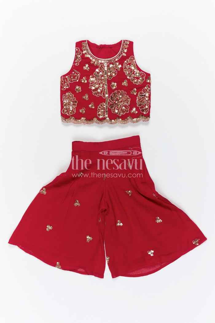 The Nesavu Girls Sharara / Plazo Set Ethnic Charm Girls Sharara Sets for Grand Occasions Nesavu Nesavu Girls Sharara Set For Weddings With Georgette Fabric And Designer Embroidery Yoke Red Outfit