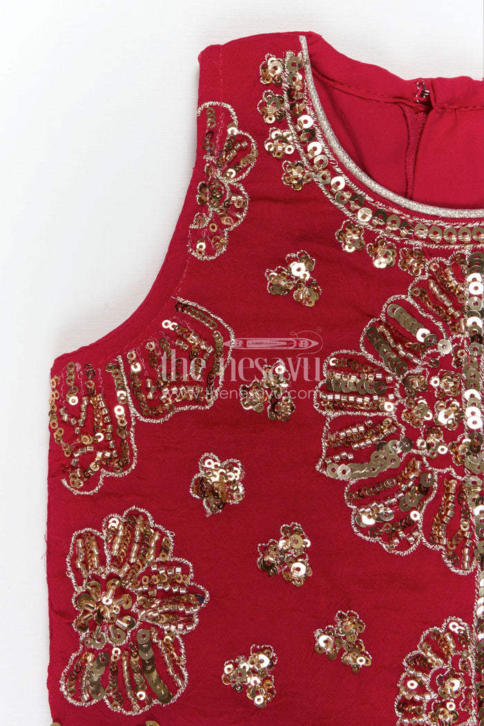 The Nesavu Girls Sharara / Plazo Set Ethnic Charm Girls Sharara Sets for Grand Occasions Nesavu Nesavu Girls Sharara Set For Weddings With Georgette Fabric And Designer Embroidery Yoke Red Outfit