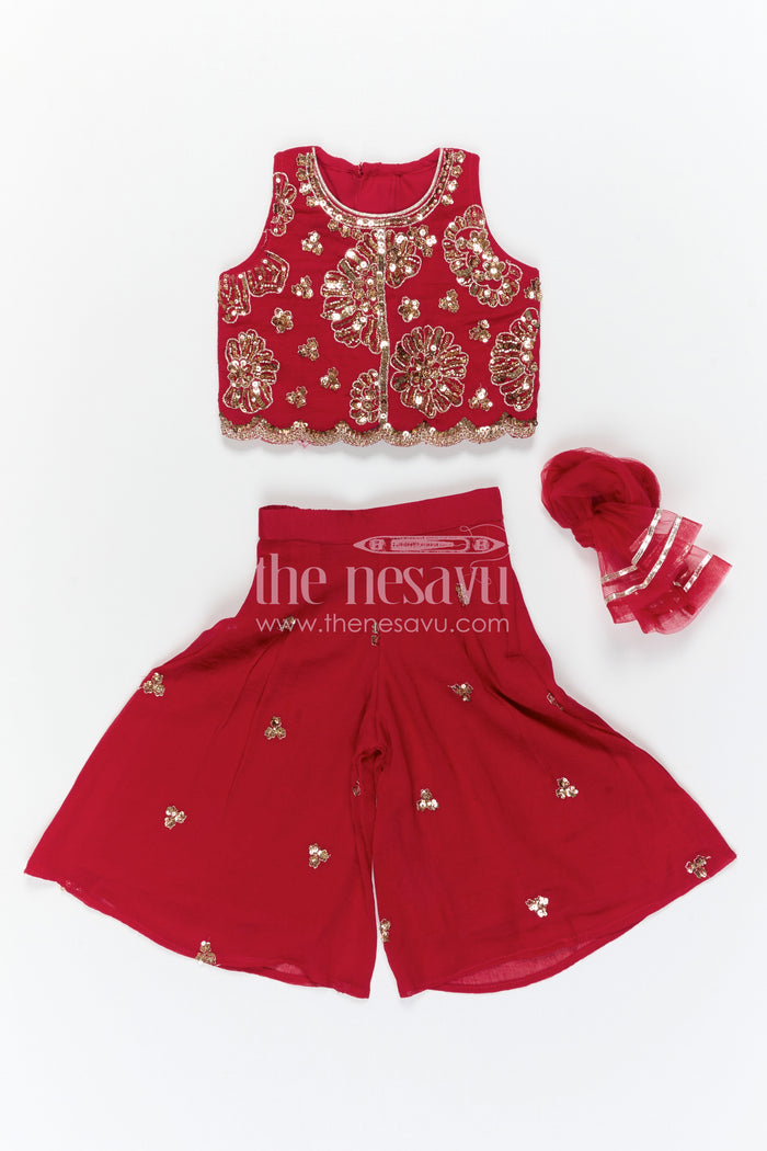 The Nesavu Girls Sharara / Plazo Set Ethnic Charm Girls Sharara Sets for Grand Occasions Nesavu Nesavu Girls Sharara Set For Weddings With Georgette Fabric And Designer Embroidery Yoke Red Outfit
