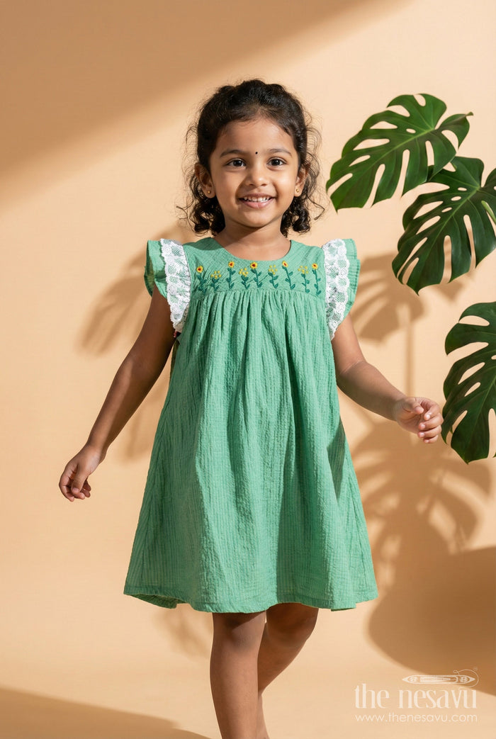 The Nesavu Baby Cotton Frocks Everyday Baby Cotton Frock with Embroidery and Lace Details Nesavu 16 (1Y) / Green / Cotton Blend GFC1915B-16 Nesavu embroidered baby cotton frock with lace sleeves for daily wear and soft summer style