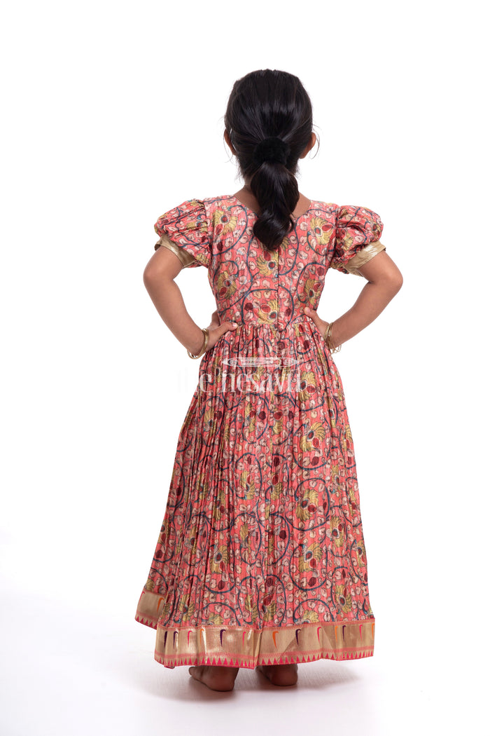 The Nesavu Girls Silk Gown Festive Orange Kalamkari Chinon Party Gown for Girls Nesavu Festive Orange Kalamkari Chinon Party Gown for Girls - Elegant & Comfortable