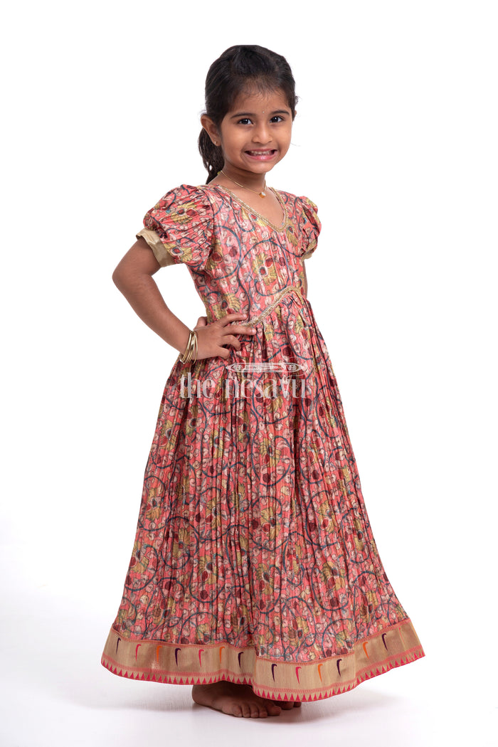 The Nesavu Girls Silk Gown Festive Orange Kalamkari Chinon Party Gown for Girls Nesavu 16 (1Y) / Peach / Style 2 GA234B-16 Festive Orange Kalamkari Chinon Party Gown for Girls - Elegant & Comfortable | The Nesavu