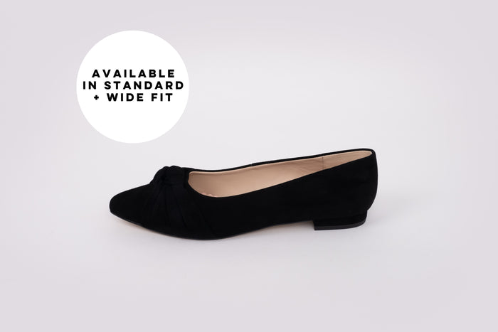 Side profile of the Fifi Flats in Black Suede. Women's shoe available in larger sizes, standard and wide fit. UK 8-12