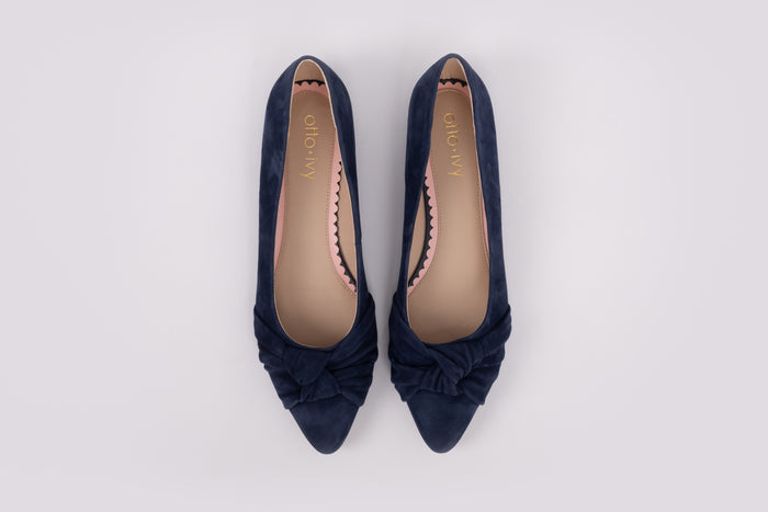 Aerial view of women's navy coloured flat shoe, available in UK sizes 8-12