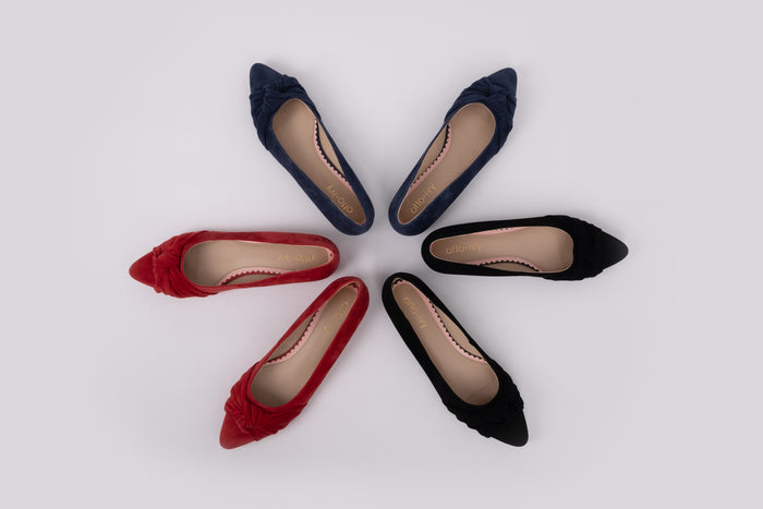 Aerial view of all 3 Fifis, Black, Red and Navy. Women's shoes available in larger sizes 8-12, standard and wide fit.