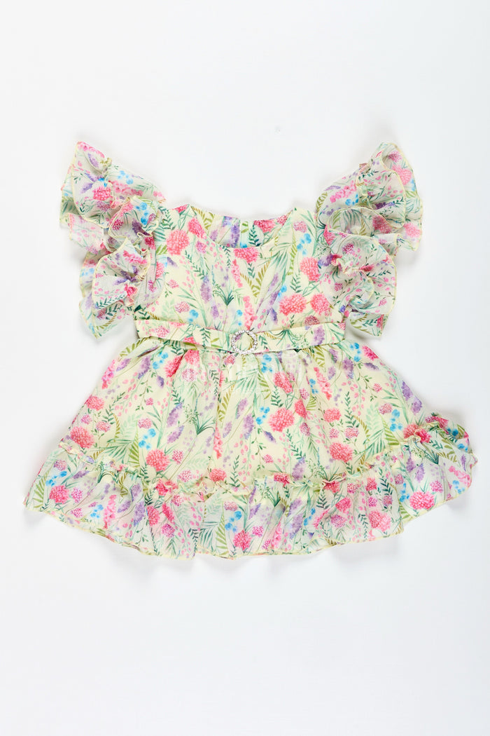 The Nesavu Baby Cotton Frocks Floral Print Georgette Frock for Toddler Girls Nesavu 14 (6M) / Yellow BFJ835A-14 Nesavu Toddler Girls Georgette Floral Print Frock Summer Ruffles Lightweight Comfort