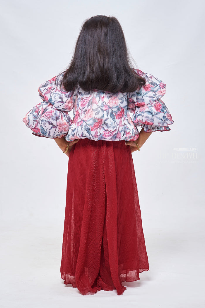The Nesavu Girls Sharara / Plazo Set Floral Printed Grey Crop Top & Red Palazzo: Timeless Beauty for Girls Nesavu Printed Crop Top With Palazzo Pant for Girls | Diwali and Festive Collections | the Nesavu