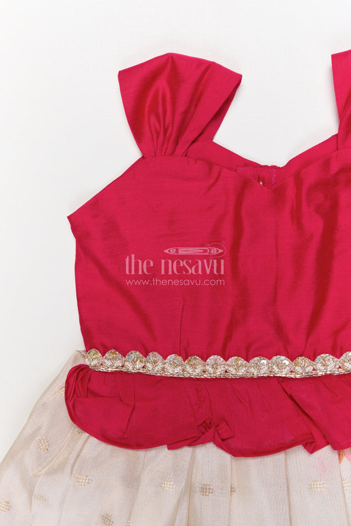 The Nesavu Silk Embroidered Frock Floral Silk Frock for Toddlers for Birthdays and Traditional Occasions Nesavu Nesavu floral silk frock for toddlers with lotus print and chanderi yoke – great for birthday functions