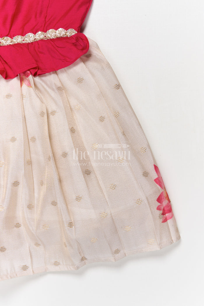 The Nesavu Silk Embroidered Frock Floral Silk Frock for Toddlers for Birthdays and Traditional Occasions Nesavu Nesavu floral silk frock for toddlers with lotus print and chanderi yoke – great for birthday functions