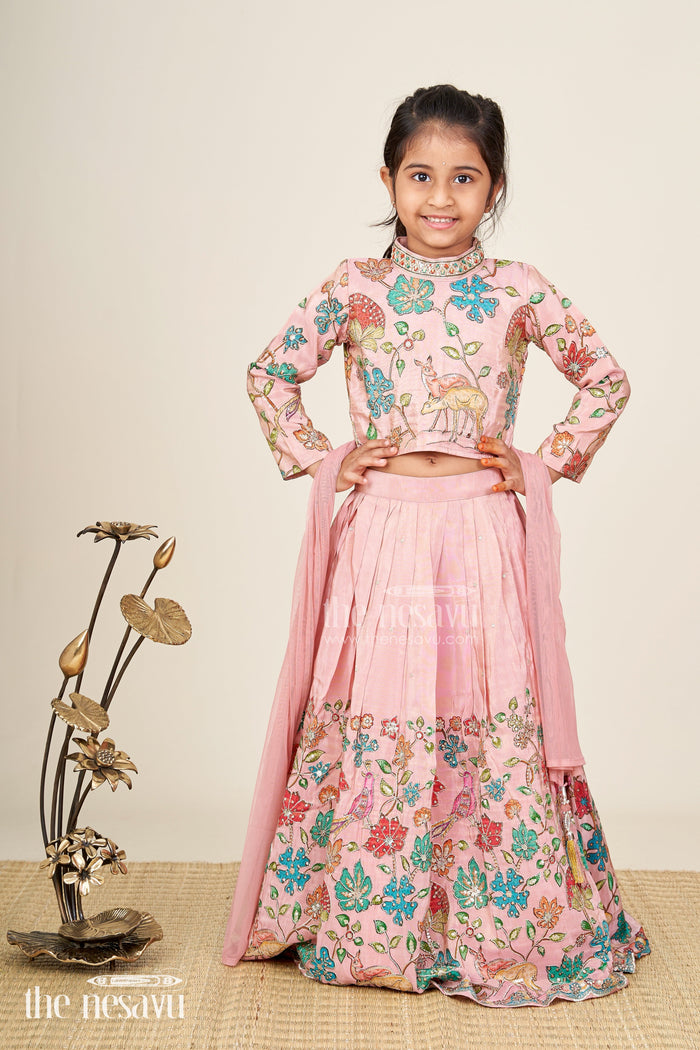 The Nesavu Girls Lehenga Choli Floral tissue silk lehenga choli for girls with full-sleeve top Nesavu Nesavu pink girls lehenga choli set in tissue silk with floral print and sequin detailing
