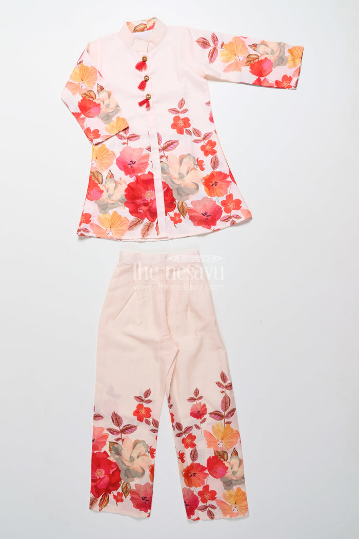 The Nesavu Girls Co-Ord Sets Foral Cotton Sharara Set for Girls for Ethnic School Events Nesavu Nesavu cream floral print cotton sharara set for girls with tassel details festive school ethnic wear