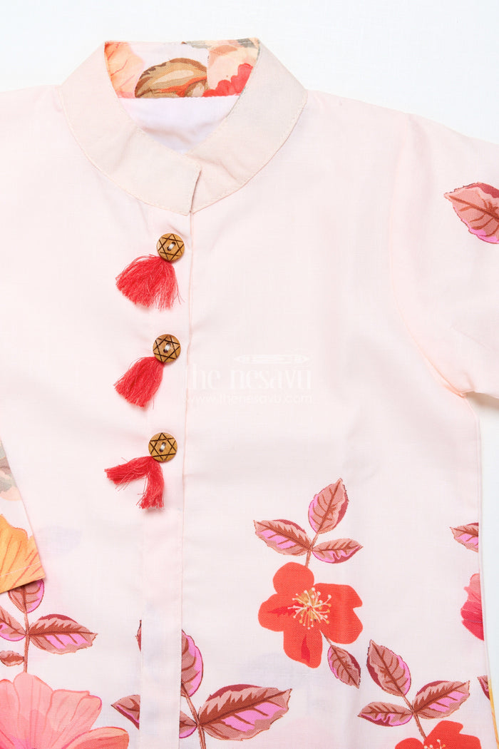 The Nesavu Girls Co-Ord Sets Foral Cotton Sharara Set for Girls for Ethnic School Events Nesavu Nesavu cream floral print cotton sharara set for girls with tassel details festive school ethnic wear