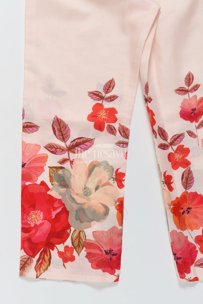 The Nesavu Girls Co-Ord Sets Foral Cotton Sharara Set for Girls for Ethnic School Events Nesavu Nesavu cream floral print cotton sharara set for girls with tassel details festive school ethnic wear