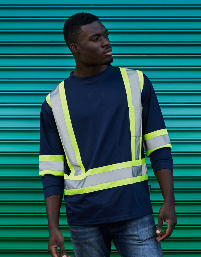 Forcefield Hi Vis Crew Neck Long Sleeve Safety Tee with Chest Pocket