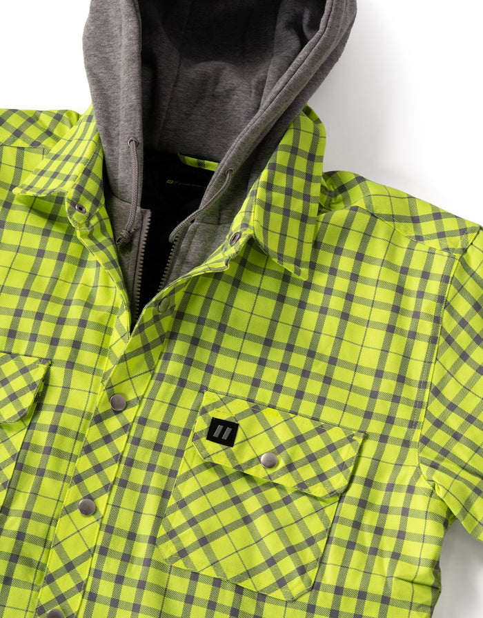 Forcefield Hi Vis Lime Silver Micro Plaid Hooded Quilt-Lined Flannel Shirt Jacket