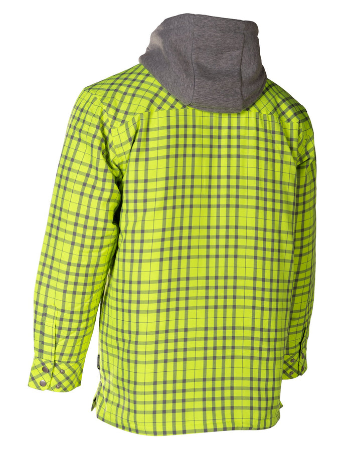 Forcefield Hi Vis Lime Silver Micro Plaid Hooded Quilt-Lined Flannel Shirt Jacket