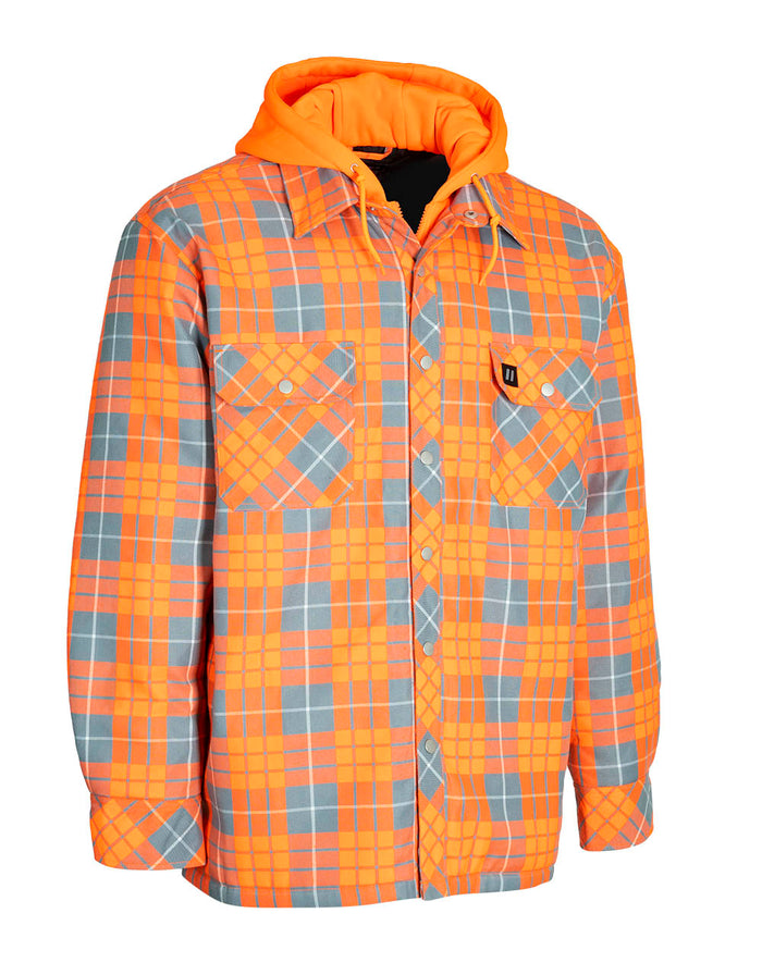 Forcefield Hi Vis Orange Hooded Plaid Quilt-Lined Flannel Shirt Jacket