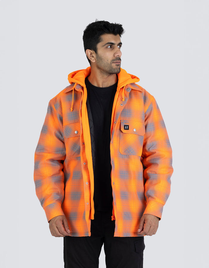 Forcefield Hi Vis Orange Shadow Plaid Hooded Quilt-Lined Flannel Shirt Jacket