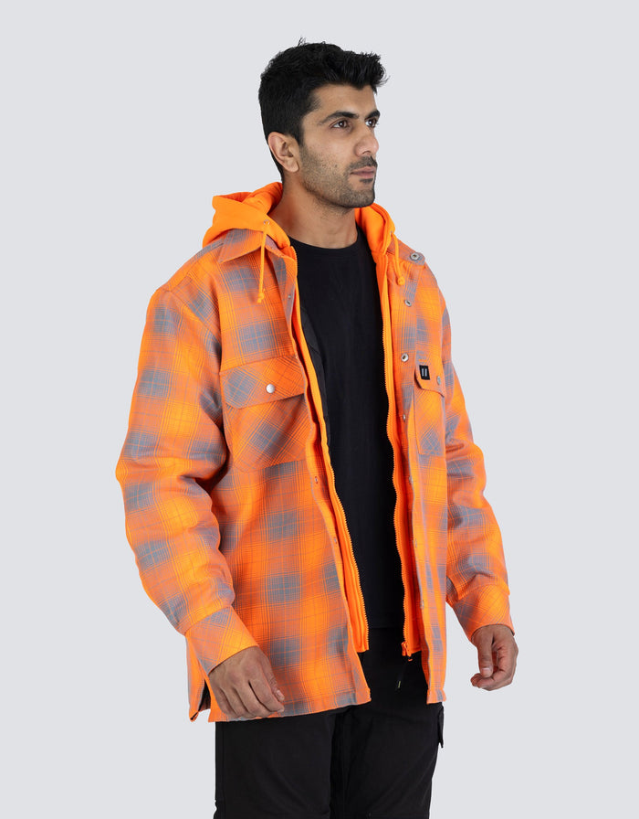 Forcefield Hi Vis Orange Shadow Plaid Hooded Quilt-Lined Flannel Shirt Jacket