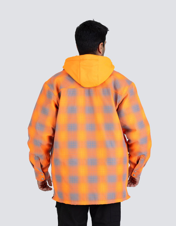 Forcefield Hi Vis Orange Shadow Plaid Hooded Quilt-Lined Flannel Shirt Jacket