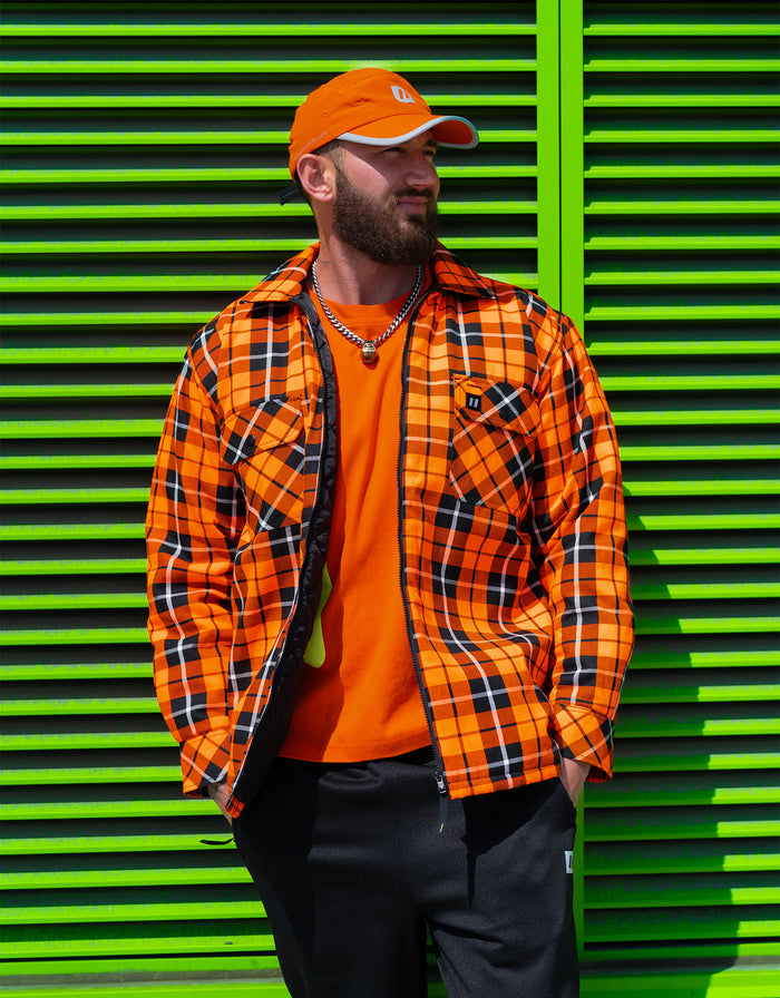 Forcefield Hi Vis Orange Tartan Plaid Quilted Flannel Shirt Jacket with Front Zip