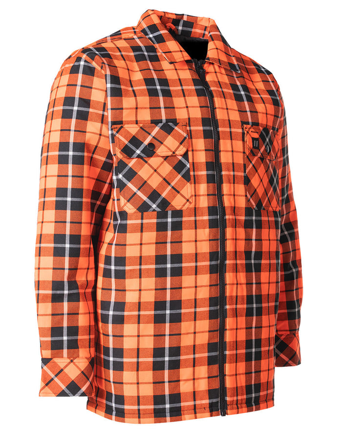 Forcefield Hi Vis Orange Tartan Plaid Quilted Flannel Shirt Jacket with Front Zip