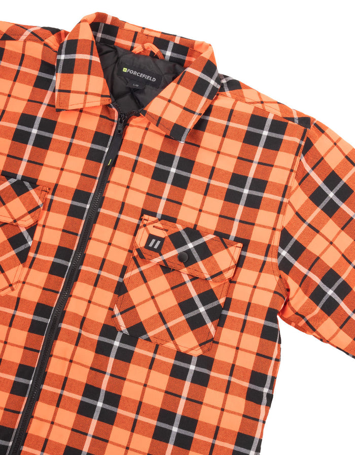 Forcefield Hi Vis Orange Tartan Plaid Quilted Flannel Shirt Jacket with Front Zip
