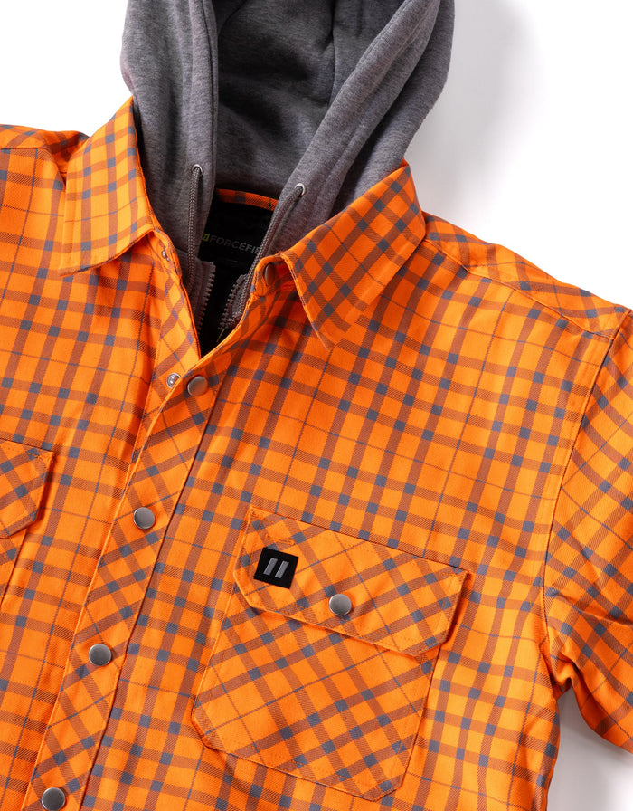 Forcefield Hi Vis Orange/Silver Micro Plaid Hooded Quilt-Lined Flannel Shirt Jacket