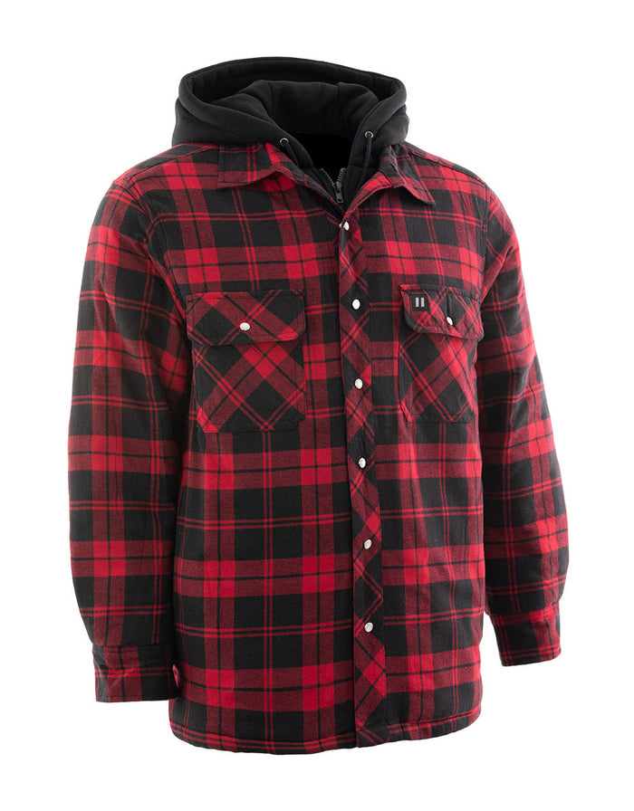 Forcefield Red Hooded Plaid Quilt-Lined Flannel Shirt Jacket