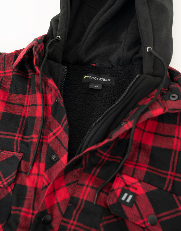 Forcefield Red Hooded Plaid Sherpa-lined Flannel Shirt Jacket