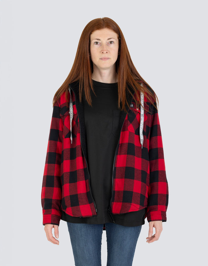 Forcefield Women's Hooded Sherpa-Lined Buffalo Plaid Flannel Shirt jacket