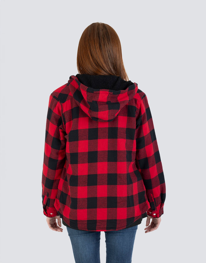 Forcefield Women's Hooded Sherpa-Lined Buffalo Plaid Flannel Shirt jacket