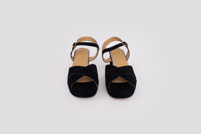Front view of Frankie Sandal in black, a suede heeled shoe available in womens larger sizes 42-46
