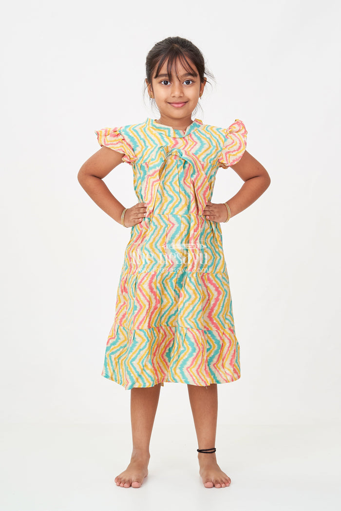 The Nesavu Girls Cotton Frock Frocks Kidswear in Modal Silk with Multicolor Zigzag Digital Print and Tiered Design for Girls Nesavu Nesavu Frocks Kidswear Girls Modal Silk Multicolor Zigzag Digital Print Tiered Flair