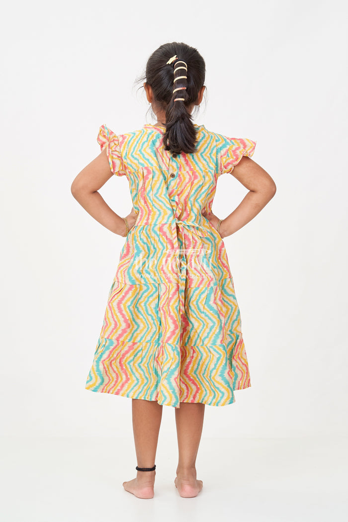 The Nesavu Girls Cotton Frock Frocks Kidswear in Modal Silk with Multicolor Zigzag Digital Print and Tiered Design for Girls Nesavu Nesavu Frocks Kidswear Girls Modal Silk Multicolor Zigzag Digital Print Tiered Flair