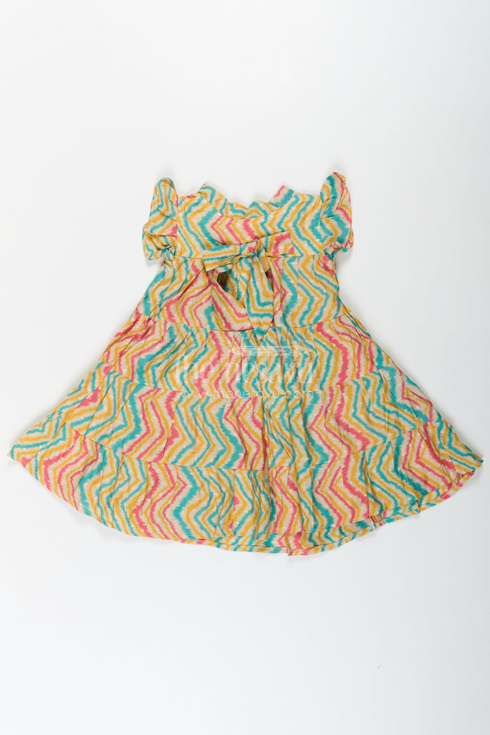 The Nesavu Girls Cotton Frock Frocks Kidswear in Modal Silk with Multicolor Zigzag Digital Print and Tiered Design for Girls Nesavu Nesavu Frocks Kidswear Girls Modal Silk Multicolor Zigzag Digital Print Tiered Flair