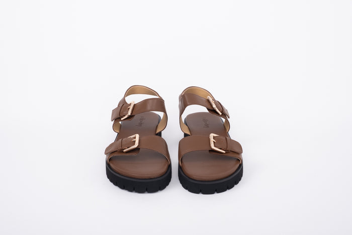 Front shot of womens brown leather chunky sandal in large sizes 8 9 10 11 12