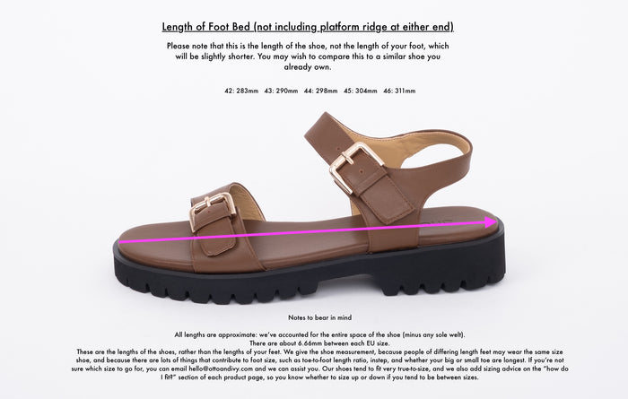 Length diagram of brown chunky Georgia sandal showing lengths of sizes 42 43 44 45 and 46 shoes