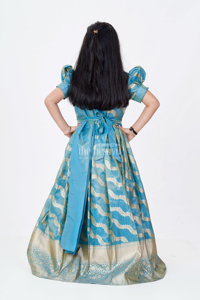 The Nesavu Girls Silk Gown Girls Anarkali Dress Green in Banarasi Silk Blend with Zari Jacquard Weave and Broad Golden Border Nesavu Nesavu Girls Green Anarkali Dress Banarasi Silk Blend Zari Weaving Big Gold Border