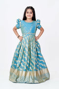 The Nesavu Girls Silk Gown Girls Anarkali Dress Green in Banarasi Silk Blend with Zari Jacquard Weave and Broad Golden Border Nesavu 24 (5Y) / Green GA308A-24 Girls Green Anarkali Dress Banarasi Silk Blend Zari Weaving Big Gold Border | The Nesavu