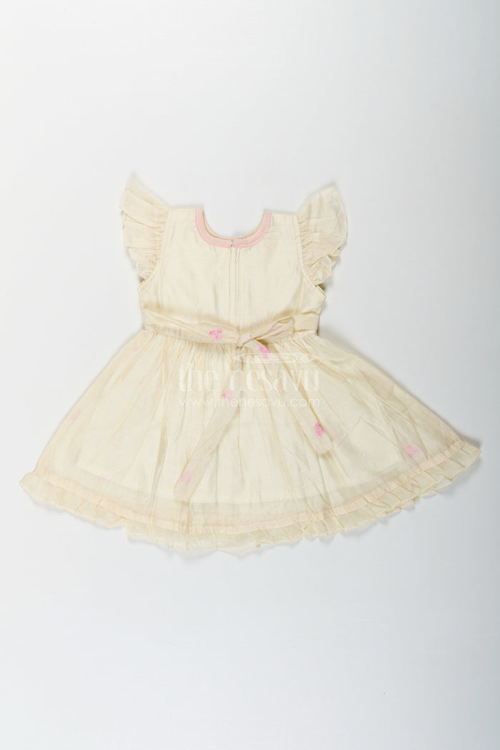 The Nesavu Girls Chanderi Frock Girls Animal Print Ruffle Dress in Chanderi with Thread Embroidery and Pink Floral Accents Nesavu Nesavu Girls Animal Print Ruffle Dress Chanderi Bunny Motif Floral Embroidery