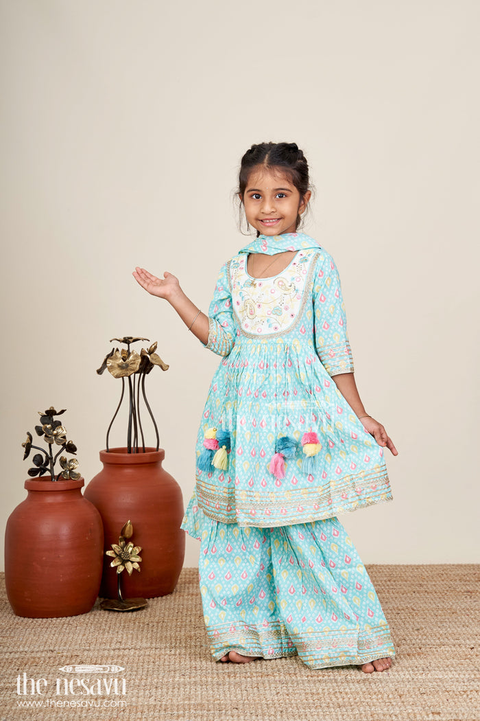 The Nesavu Girls blue cotton sharara set with tassels and embroidery  festive ethnic outfit Nesavu Nesavu blue cotton block print sharara set tassels  casual ethnic wear girls