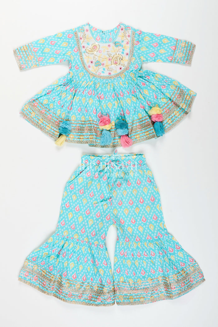 The Nesavu Girls blue cotton sharara set with tassels and embroidery  festive ethnic outfit Nesavu Nesavu blue cotton block print sharara set tassels  casual ethnic wear girls