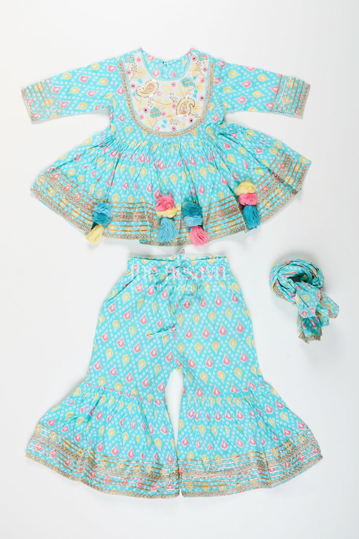The Nesavu Girls blue cotton sharara set with tassels and embroidery  festive ethnic outfit Nesavu Nesavu blue cotton block print sharara set tassels  casual ethnic wear girls