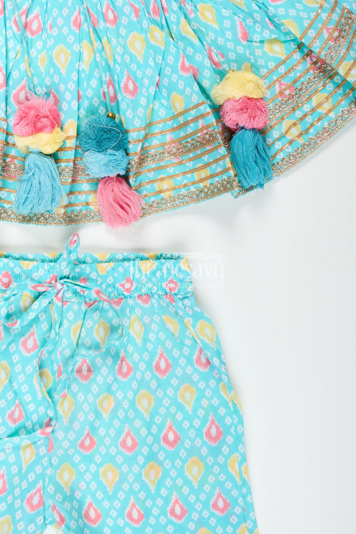 The Nesavu Girls blue cotton sharara set with tassels and embroidery  festive ethnic outfit Nesavu Nesavu blue cotton block print sharara set tassels  casual ethnic wear girls