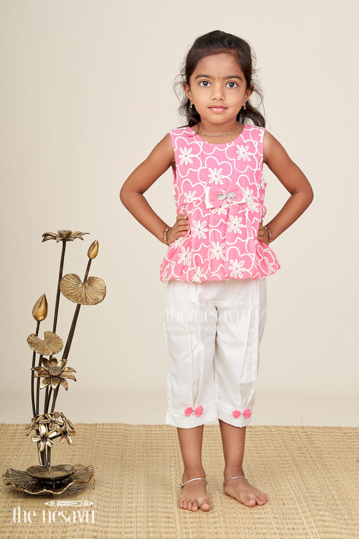 The Nesavu Girls Casual Set Girls Casual Dresses Online Pink Embroidered Cotton Top with White Pants and Cute Bow Accents Nesavu 18 (2Y) / Pink GPS625A-18 Nesavu Girls Casual Dresses Online Pink Embroidered Cotton Top Matching White Pants Bow Details