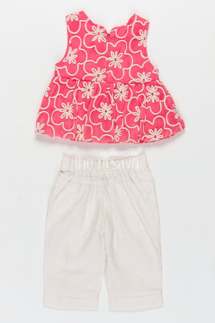 The Nesavu Girls Casual Set Girls Casual Dresses Online Pink Embroidered Cotton Top with White Pants and Cute Bow Accents Nesavu Nesavu Girls Casual Dresses Online Pink Embroidered Cotton Top Matching White Pants Bow Details