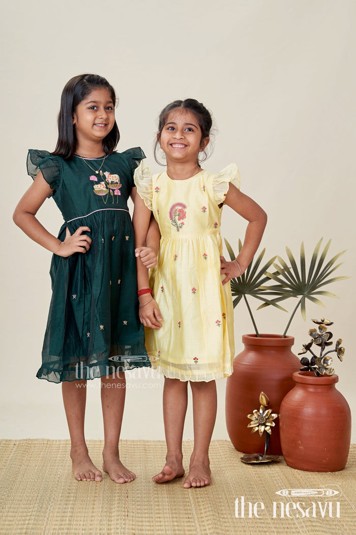 The Nesavu Girls Chanderi Frock Girls Chanderi Cotton Frock Style with Elephant Lotus Embroidery and Pleated Skirt in Forest Green Nesavu Nesavu Girls Chanderi Cotton Frock Style Elephant Lotus Embroidery Frill Detailing