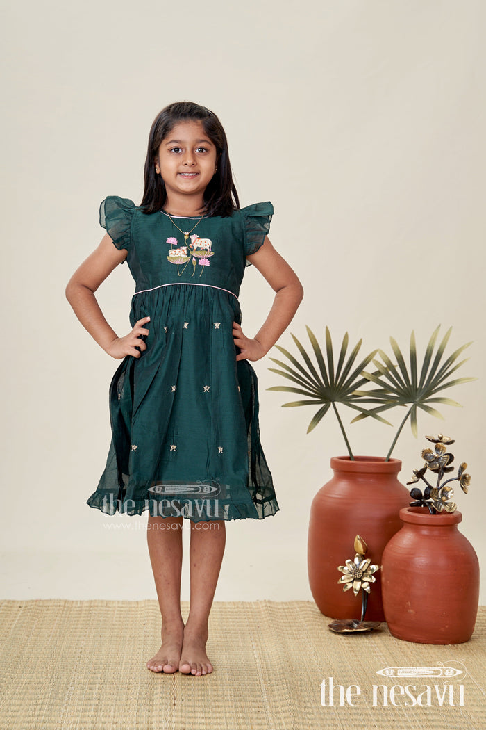 The Nesavu Girls Chanderi Frock Girls Chanderi Cotton Frock Style with Elephant Lotus Embroidery and Pleated Skirt in Forest Green Nesavu Nesavu Girls Chanderi Cotton Frock Style Elephant Lotus Embroidery Frill Detailing
